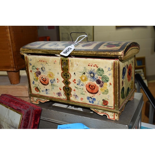 506 - A COLLECTION OF ASSORTED BOXES, to include a small wooden painted chest, decorated inside and out wi... 