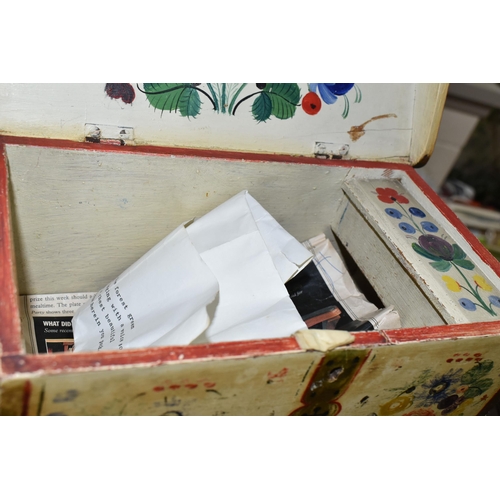 506 - A COLLECTION OF ASSORTED BOXES, to include a small wooden painted chest, decorated inside and out wi... 