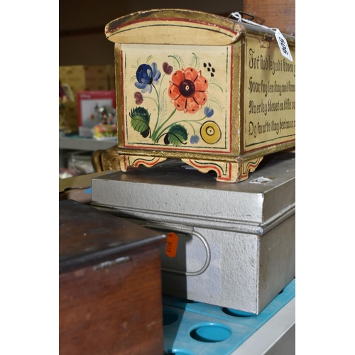 506 - A COLLECTION OF ASSORTED BOXES, to include a small wooden painted chest, decorated inside and out wi... 