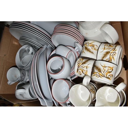 512 - FIVE BOXES OF TEA AND DINNER WARES, to include a Poole Pottery Tango thirty three piece dinner servi... 