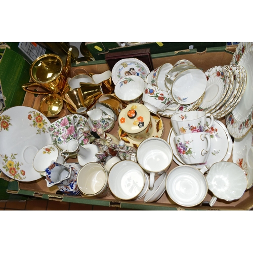 518 - TWO BOXES OF CERAMICS AND METALWARE, to include a large oval metal framed wall mirror, an oak framed... 