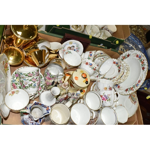 518 - TWO BOXES OF CERAMICS AND METALWARE, to include a large oval metal framed wall mirror, an oak framed... 