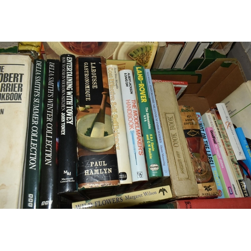 521 - FIVE BOXES OF BOOKS containing approximately 150 titles in hardback and paperback formats on Cookery... 