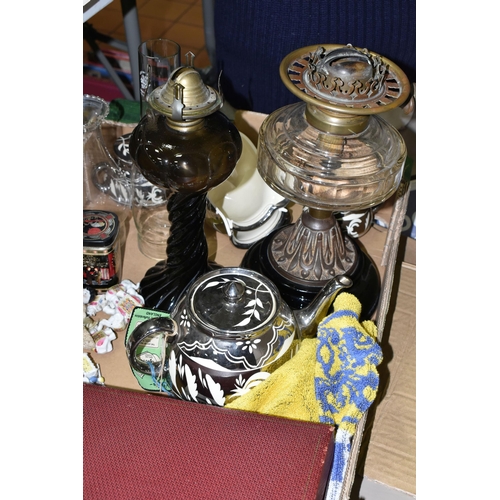 529 - A BOX OF CERAMICS, OIL LAMPS, METAL WARES AND SUNDRY ITEMS, to include five elephants from the Wade ... 