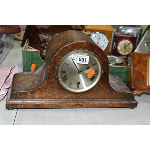 531 - A BOX AND LOOSE CLOCKS AND BAROMETER, including a modern cuckoo clock fitted with Reuge musical move... 