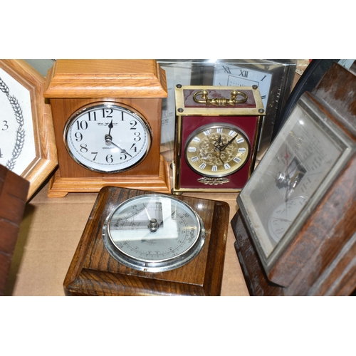 531 - A BOX AND LOOSE CLOCKS AND BAROMETER, including a modern cuckoo clock fitted with Reuge musical move... 