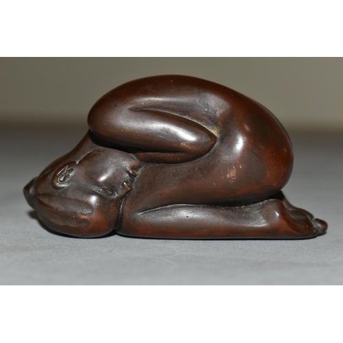 354 - AFTER DEBORAH J. SCALDWELL, A BRONZE FIGURE OF A CURLED UP NUDE, the female figure kneeling with her... 