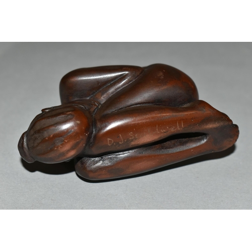 354 - AFTER DEBORAH J. SCALDWELL, A BRONZE FIGURE OF A CURLED UP NUDE, the female figure kneeling with her... 