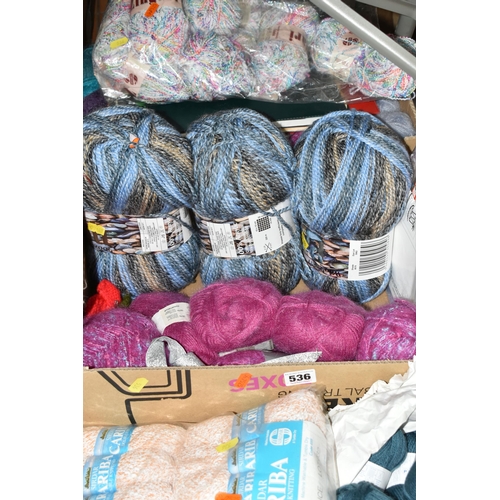 536 - FOUR BOXES OF HABERDASHERY AND NEEDLEWORK ITEMS, including two boxes of wool, a small quantity of pa... 