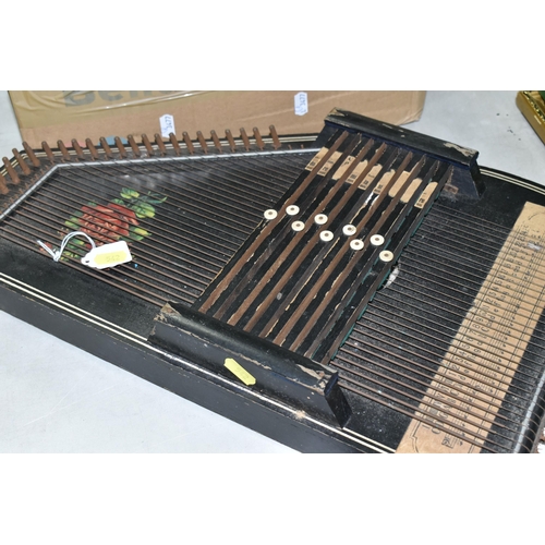 542 - AN EARLY 20TH CENTURY AUTO HARP AND A BOX OF MUSICAL INSTRUMENTS, including a boxed Hero chromatic h... 