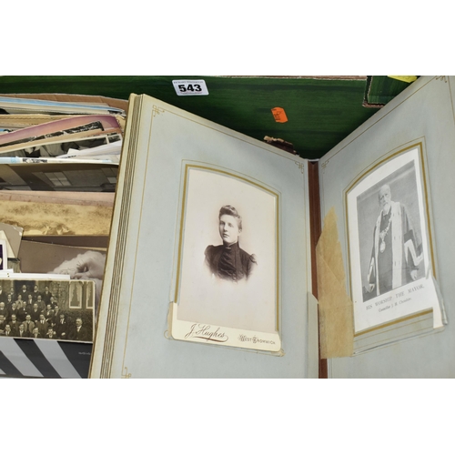 543 - TWO BOXES OF MIXED EPHEMERA to include to Victorian or Edwardian photograph albums in need of restor... 