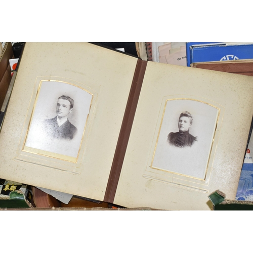 543 - TWO BOXES OF MIXED EPHEMERA to include to Victorian or Edwardian photograph albums in need of restor... 