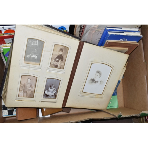 543 - TWO BOXES OF MIXED EPHEMERA to include to Victorian or Edwardian photograph albums in need of restor... 