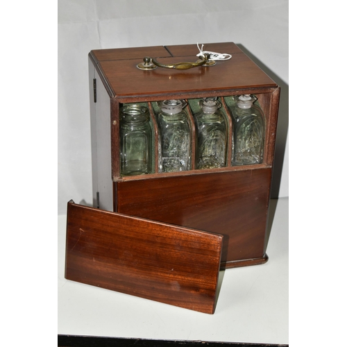 548 - A GEORGE III MAHOGANY TRAVELLING APOTHECARYS CABINET, brass swan neck handle to the top, brass escut... 