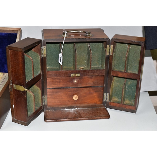 548 - A GEORGE III MAHOGANY TRAVELLING APOTHECARYS CABINET, brass swan neck handle to the top, brass escut... 