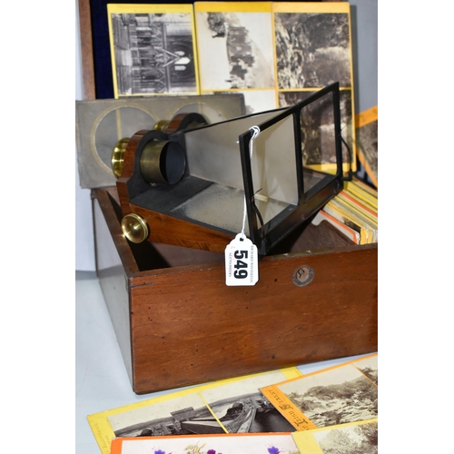 549 - A MAHOGANY AND BRASS R & J Beck Achromatic Stereoscope, Patent Mirror no. 2289 in a walnut case (in ... 