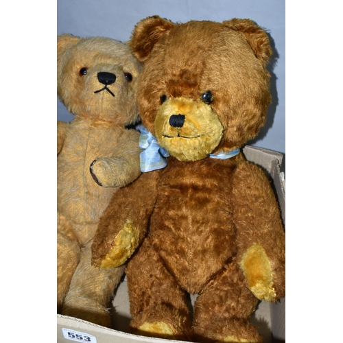 553 - TWO SECOND HALF 20TH CENTURY STRAW FILLED TEDDY BEARS, the two tone plush bear with growler, plastic... 