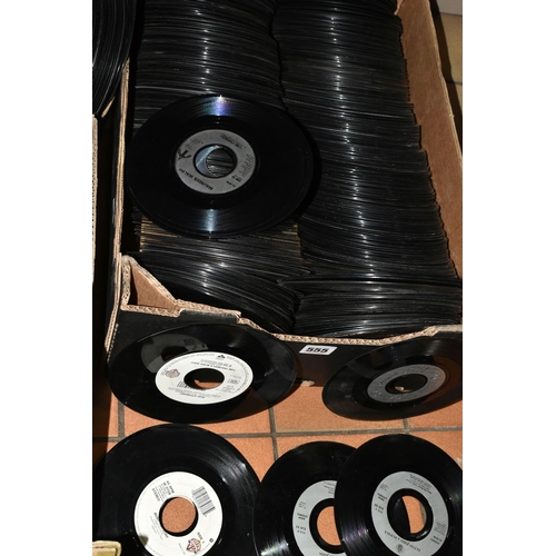 555 - FOUR BOXES OF SINGLES RECORDS CONTAINING APPROXIMATELY EIGHT HUNDRED CUT WITH LARGE CENTRE HOLES FOR... 