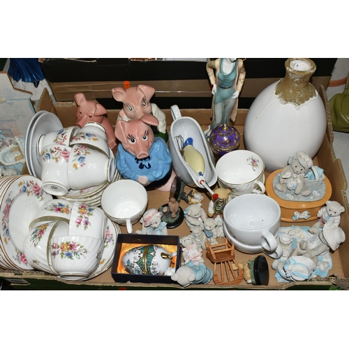 485 - THREE BOXES AND LOOSE ASSORTED SUNDRY ITEMS ETC, to include Wade Nat West piggy banks, bone china te... 