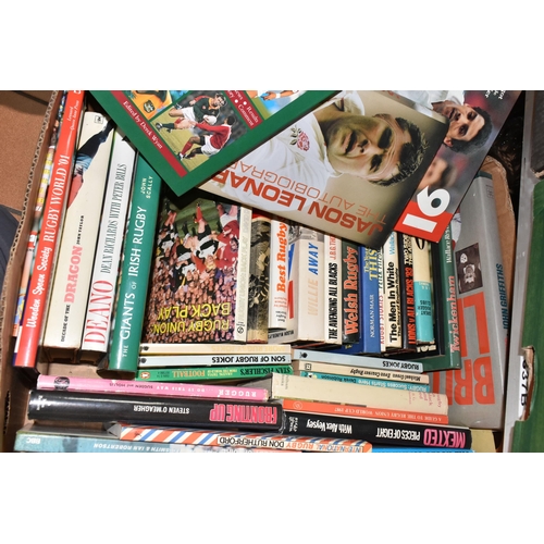 487 - TEN BOXES AND LOOSE SUNDRY ITEMS, to include four boxes of books on the subject of Rugby Union, cut ... 