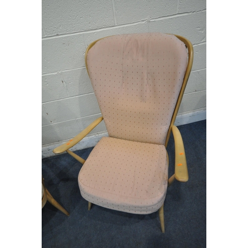 1224 - TWO ERCOL BEECH EVERGREEN CHAIRS, one with light brown upholstery, the other with pink upholstery, w... 