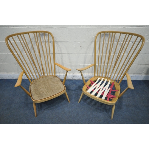 1224 - TWO ERCOL BEECH EVERGREEN CHAIRS, one with light brown upholstery, the other with pink upholstery, w... 