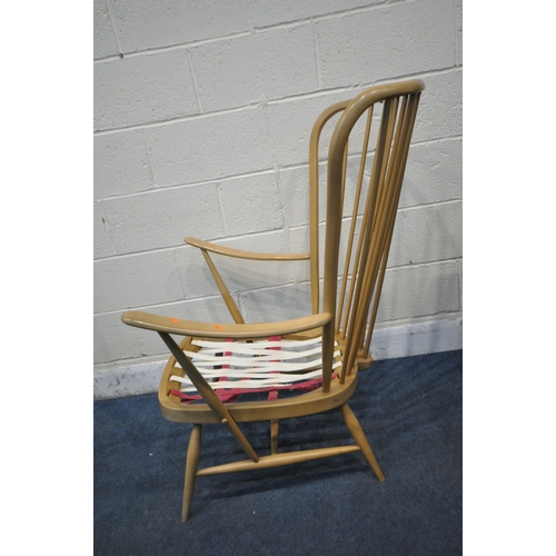 1224 - TWO ERCOL BEECH EVERGREEN CHAIRS, one with light brown upholstery, the other with pink upholstery, w... 