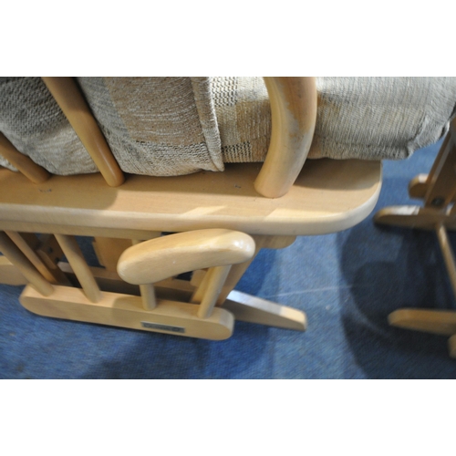 1227 - A PAIR OF BEECH FRAMED DUTAILIER ROCKING CHAIRS, with a rocking locking mechanism, a pair of rocking... 