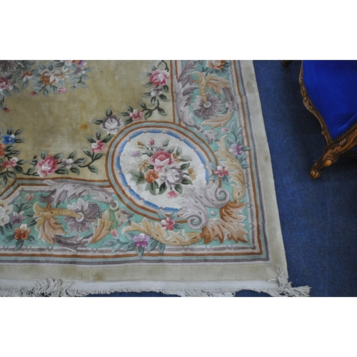 1276 - A VERY LARGE CHINESE WOOLLEN RUG, 408cm x 310cm (condition report: stains in various places, sides a... 