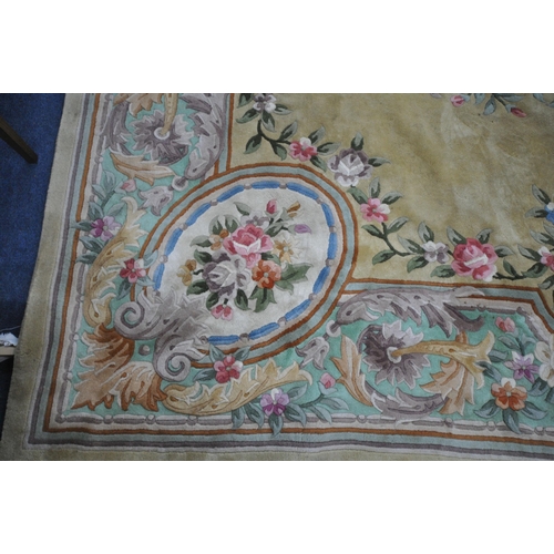 1276 - A VERY LARGE CHINESE WOOLLEN RUG, 408cm x 310cm (condition report: stains in various places, sides a... 