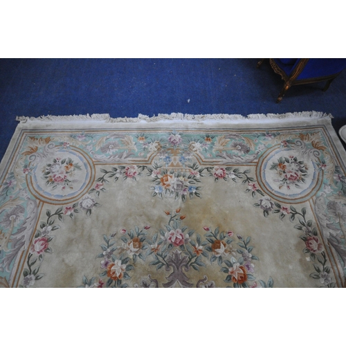 1276 - A VERY LARGE CHINESE WOOLLEN RUG, 408cm x 310cm (condition report: stains in various places, sides a... 