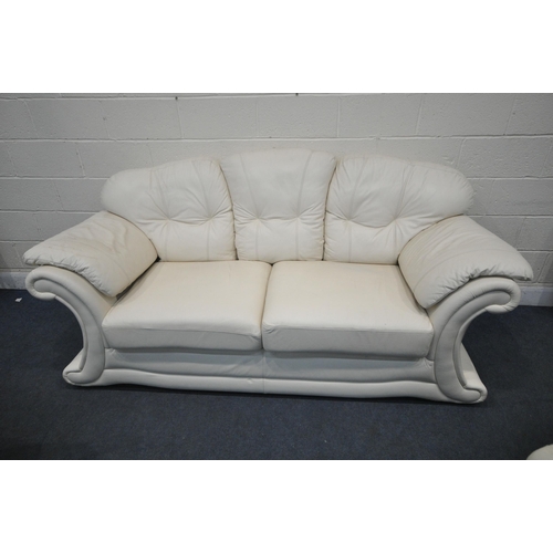 1278 - A CREAM LEATHER THREE PIECE LOUNGE SUITE, with swept armrests and buttoned back rests, comprising a ... 