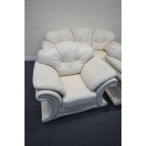 1278 - A CREAM LEATHER THREE PIECE LOUNGE SUITE, with swept armrests and buttoned back rests, comprising a ... 