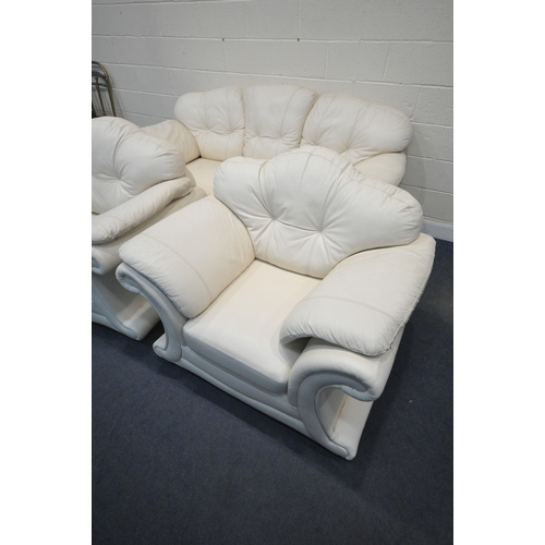 1278 - A CREAM LEATHER THREE PIECE LOUNGE SUITE, with swept armrests and buttoned back rests, comprising a ... 