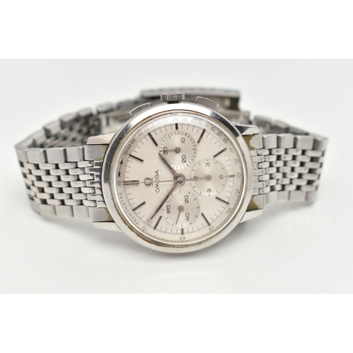 1 - AN 'OMEGA' WRISTWATCH, circa 1965, hand wound movement, round silvered chronograph tachymeter dial, ... 