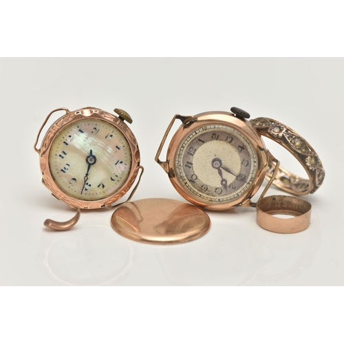 13 - TWO MID 20TH CENTURY 9CT GOLD WATCH HEADS AND A RING, the first manual wind, round mother of pearl d... 