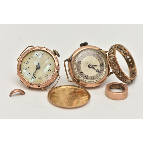 13 - TWO MID 20TH CENTURY 9CT GOLD WATCH HEADS AND A RING, the first manual wind, round mother of pearl d... 