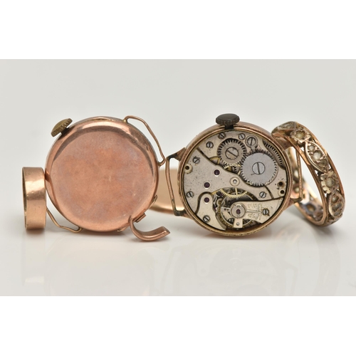 13 - TWO MID 20TH CENTURY 9CT GOLD WATCH HEADS AND A RING, the first manual wind, round mother of pearl d... 