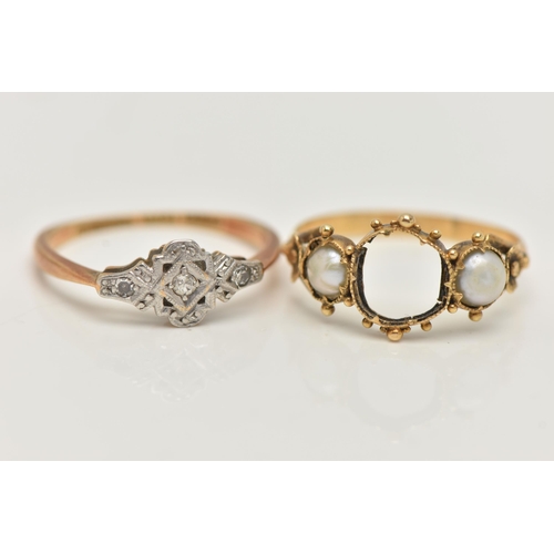 14 - TWO RINGS, the first a yellow metal three stone diamond ring, set with three single cut diamonds, st... 