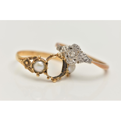 14 - TWO RINGS, the first a yellow metal three stone diamond ring, set with three single cut diamonds, st... 