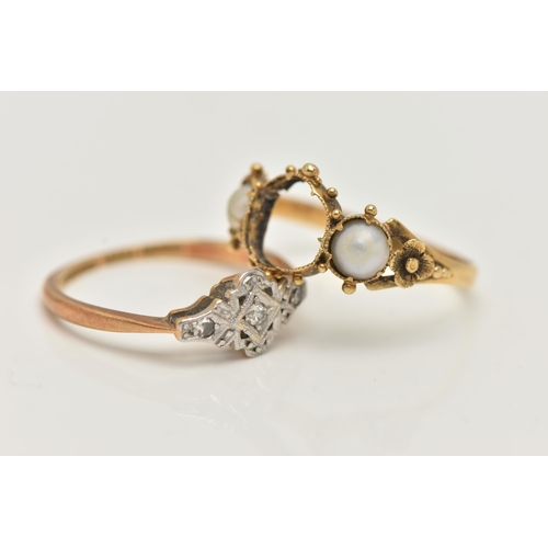 14 - TWO RINGS, the first a yellow metal three stone diamond ring, set with three single cut diamonds, st... 