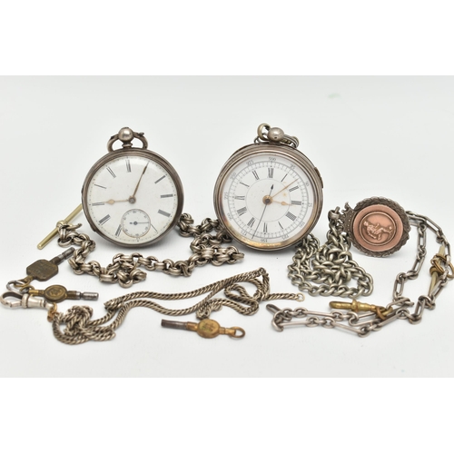 15 - TWO OPEN FACE POCKET WATCHES AND ALBERT CHAINS, the first a silver, key wound pocket watch, round wh... 