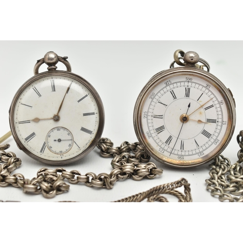 15 - TWO OPEN FACE POCKET WATCHES AND ALBERT CHAINS, the first a silver, key wound pocket watch, round wh... 