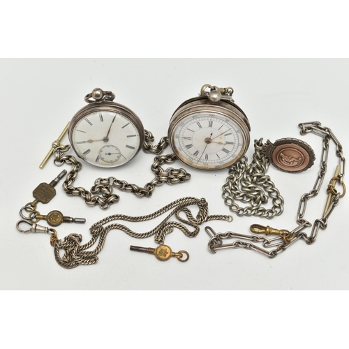 15 - TWO OPEN FACE POCKET WATCHES AND ALBERT CHAINS, the first a silver, key wound pocket watch, round wh... 