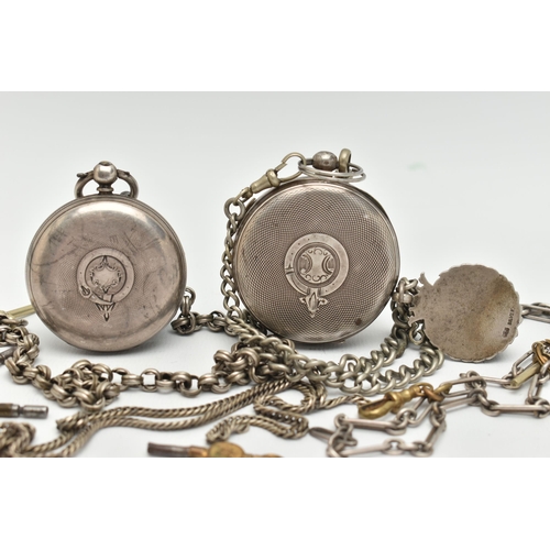 15 - TWO OPEN FACE POCKET WATCHES AND ALBERT CHAINS, the first a silver, key wound pocket watch, round wh... 