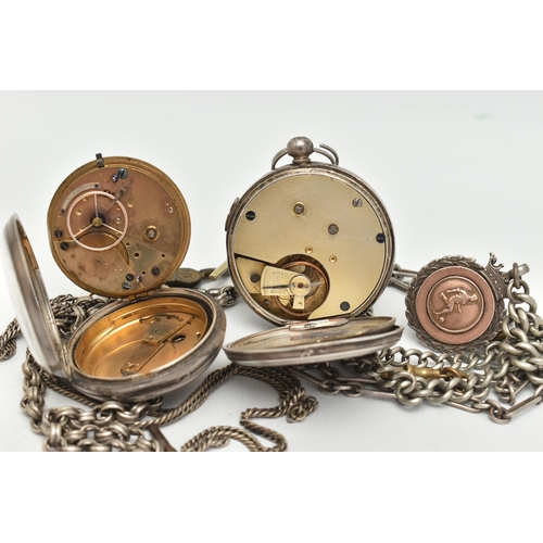 15 - TWO OPEN FACE POCKET WATCHES AND ALBERT CHAINS, the first a silver, key wound pocket watch, round wh... 