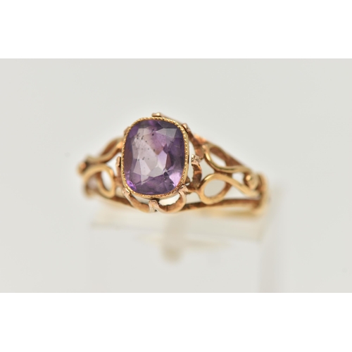 19 - A YELLOW METAL AMETHYST RING, a rectangular cut amethyst collet set with milgrain detail, leading on... 