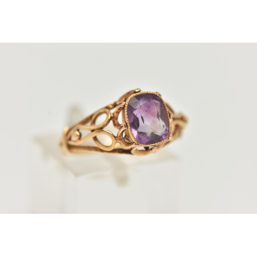 19 - A YELLOW METAL AMETHYST RING, a rectangular cut amethyst collet set with milgrain detail, leading on... 