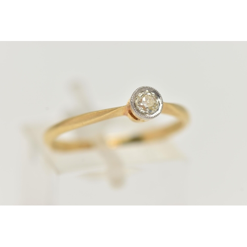 21 - A DIAMOND SINGLE STONE RING, an old cut diamond collet set with milgrain detail, leading on to a yel... 