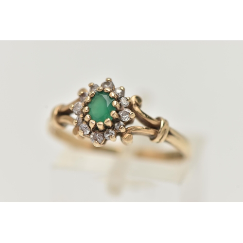 24 - A 9CT GOLD GEMSET RING, an oval cut green chalcedony, set with a surround of circular cut cubic zirc... 